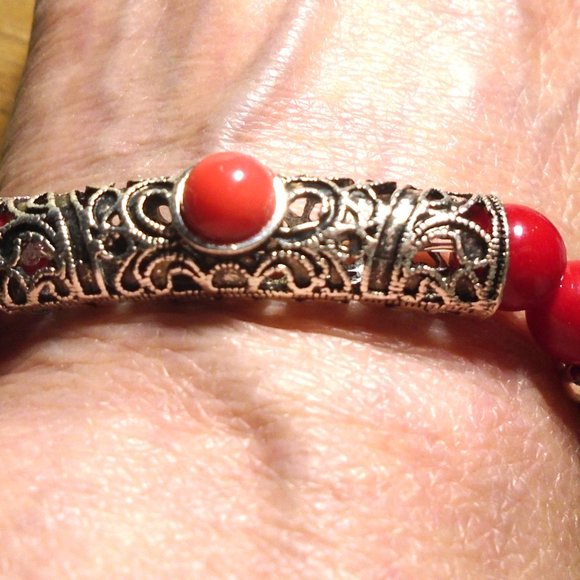 NWOT Red opaque Glass beads filigree Antique silver ornate tube w cabochon 2/$25 - Picture 4 of 5